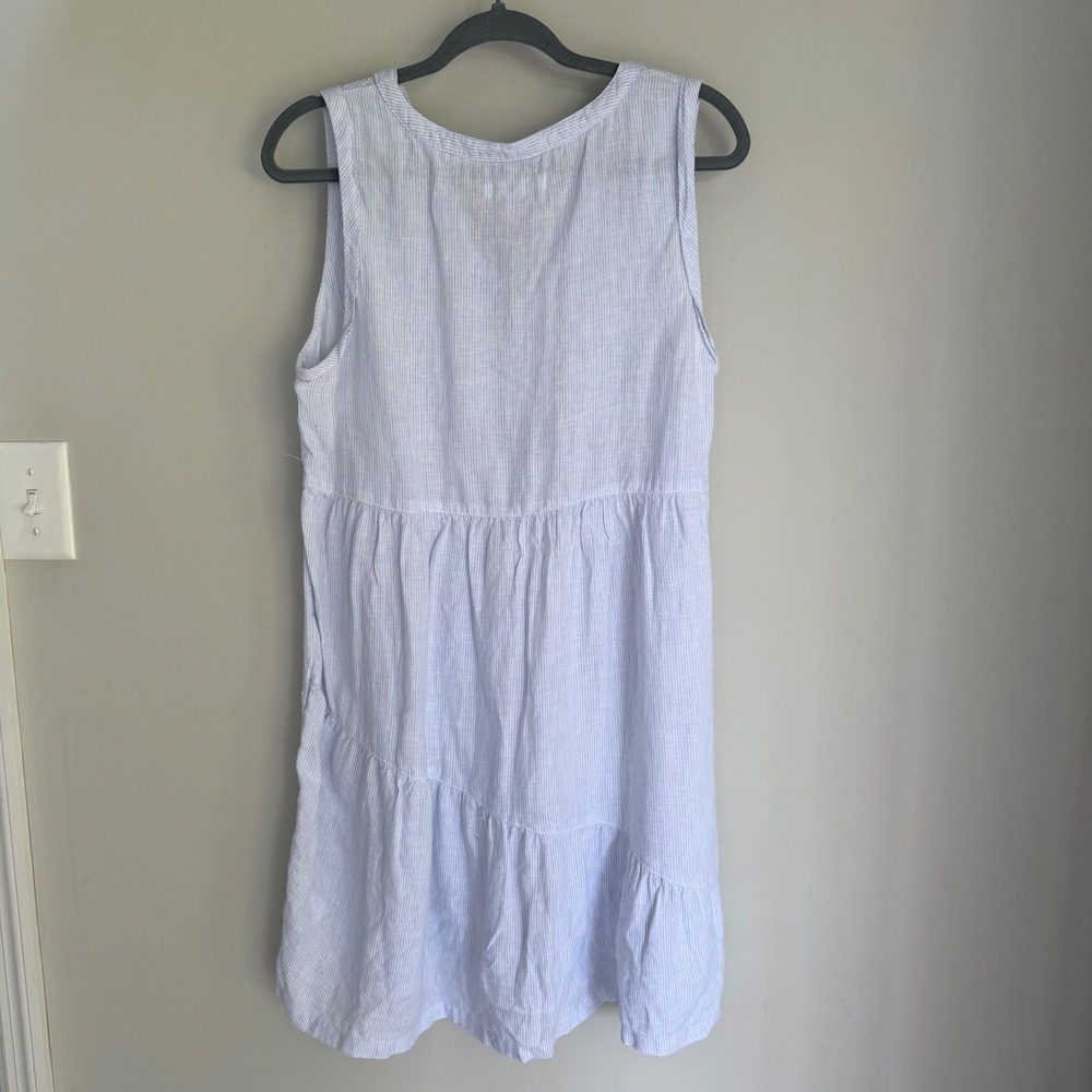 Lucky Brand 100% Linen Dress Blue Striped Tiered Skirt V-Neck Sleeveless Beachy - Picture 2 of 11
